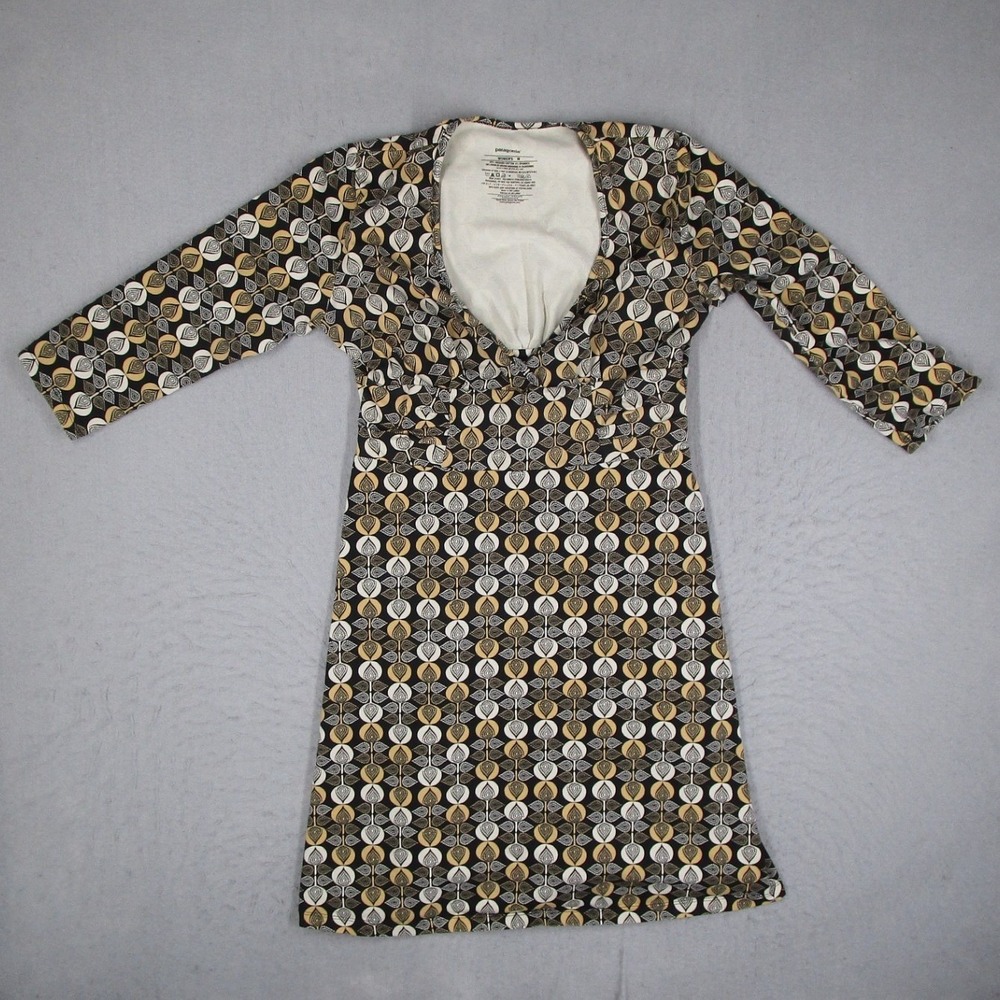 Patagonia Womens Organic Cotton Empire Waist Dress Black Tan Geometric Print M